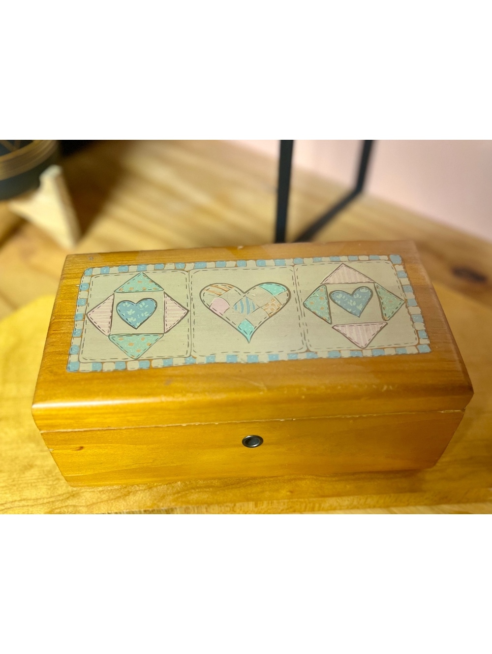 Vintage Lane Wooden Jewelry Box with Heart Patchwork Design